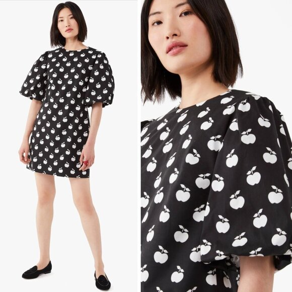 Kate Spade Apple Toss Taxi Dress Black Cotton Poplin Puff Sleeves Preppy Party - Picture 1 of 7